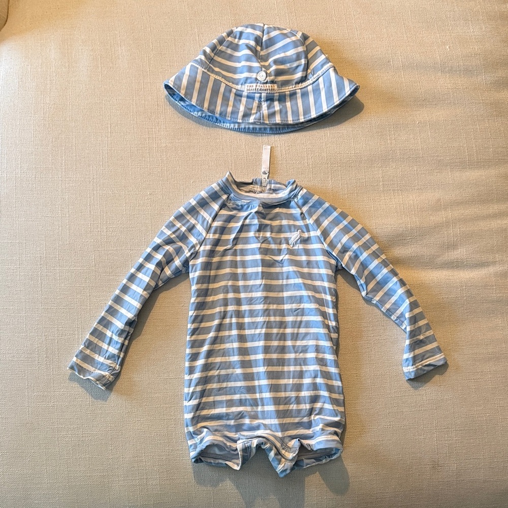 The Beaufort Bonnet Company Blue and White Striped Baby Rash Guard with Hat